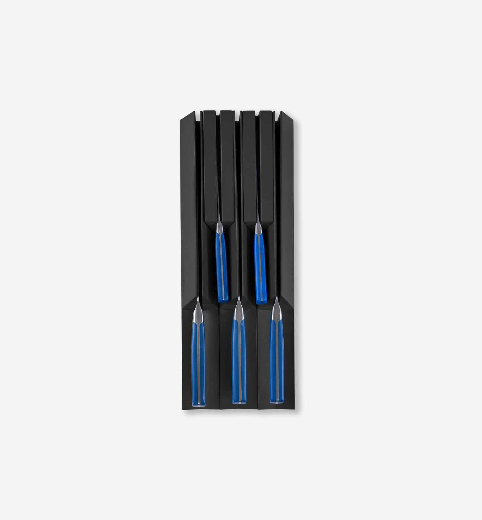 4-piece steak knife set with blue handles in black storage block